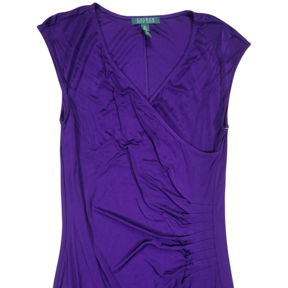 Ralph Lauren Sheath Dress Womens M Royal Purple Midi Faux Wrap Ruched Stretchy - Picture 7 of 12